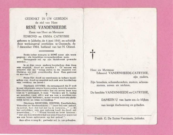 DP verongelukt door werkongeval te Oostende, Verzamelen, Bidprentjes en Rouwkaarten, Bidprentje, Verzenden