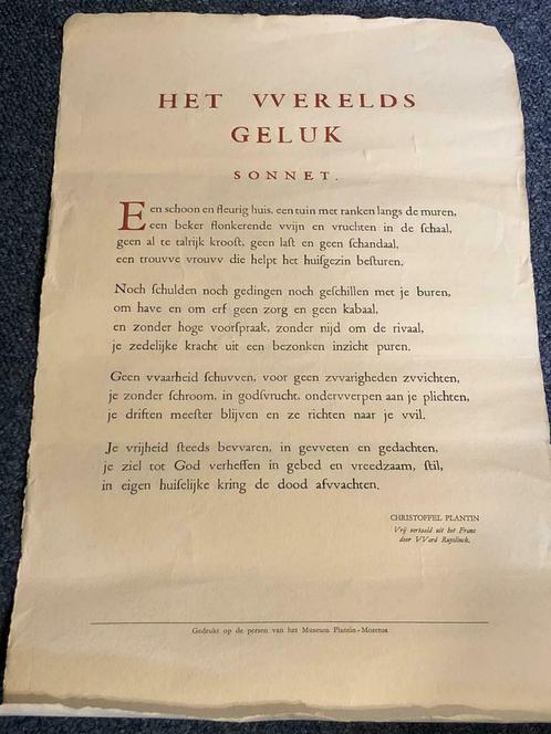 Sonnet Werelds Geluk - Christoffel Plantin, Collections, Illustrations de cahiers de poésies, Enlèvement ou Envoi