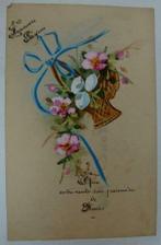 Pasen  oude prentkaart Heureuses Pâques bloemen