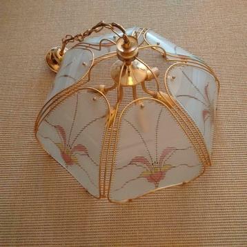 Vintage luster/luchter uit glas, paneeltjes met bloemmotief
