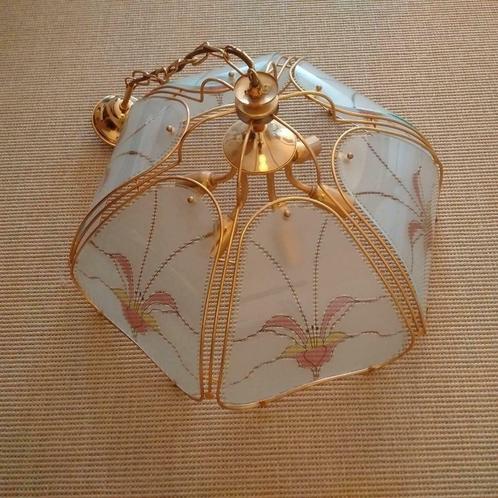 Vintage luster/luchter uit glas, paneeltjes met bloemmotief, Maison & Meubles, Lampes | Lustres, Utilisé, Verre, Métal, Enlèvement
