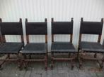 4 antieke eiken stoelen. Zwart leder. Koperen nagels. Goed !, Ophalen