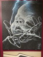 zeer mooi SCHILDERIJ op HOUT - BABY en helende hand , signed, Ophalen