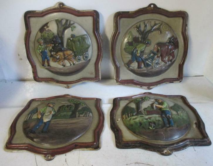 vier antieke gietijzeren kachel haard platen met boeren, Antiek en Kunst, Antiek | Wandborden en Tegels, Ophalen of Verzenden