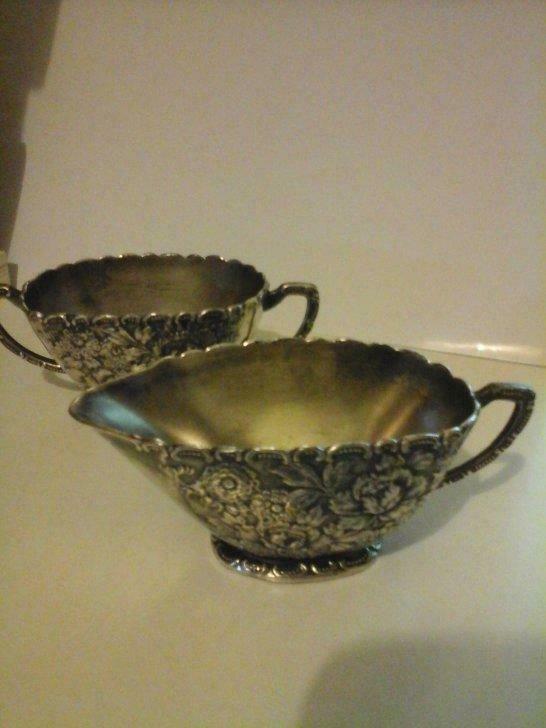 Suikerpot / creamer geduwd metaal verguld zilver eind 19e ee, Antiek en Kunst, Curiosa en Brocante, Ophalen of Verzenden