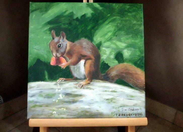 Eekhoorn op boomstam, Antiek en Kunst, Kunst | Schilderijen | Modern