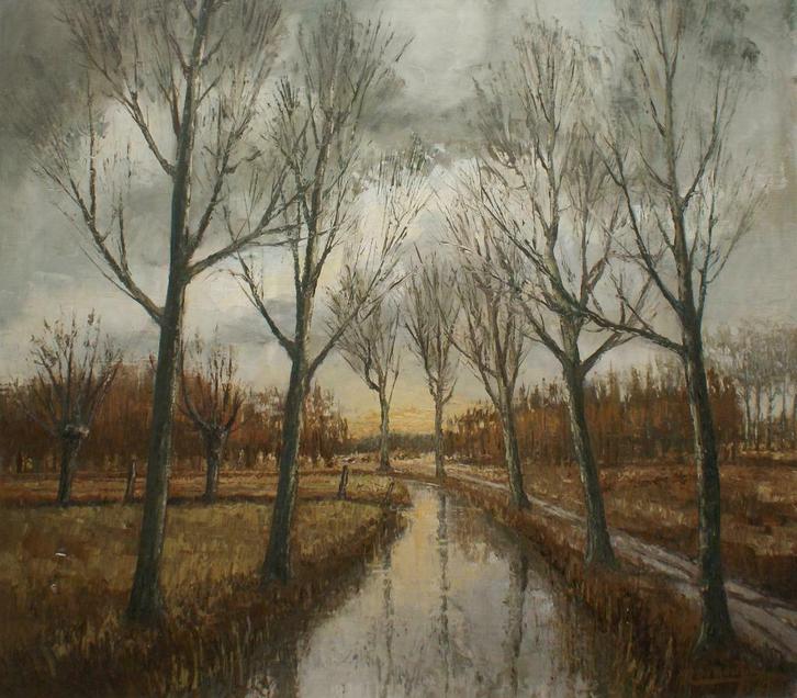 René De Baugnies (1869-1962): Herfstlandschap O/D, 100x90cm, Antiek en Kunst, Kunst | Schilderijen | Klassiek, Ophalen of Verzenden