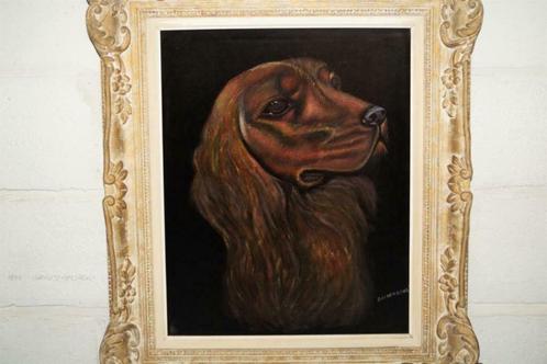 Oud Schilderij op doek van Hond in Barok kader 69x59, Antiek en Kunst, Curiosa en Brocante, Ophalen of Verzenden