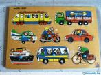 Houten inlegpuzzel auto's, vliegtuig, fiets.., Van hout, Minder dan 10 stukjes, Gebruikt, Ophalen of Verzenden