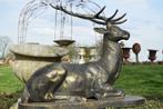 Groot hert liggend in brons gepatineerd gietijzer (jacht)., Tuin en Terras, Tuinbeelden, Ophalen, Nieuw, Overige materialen, Dierenbeeld