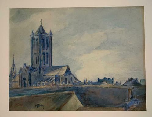 Aquarelle Marcelle Blum - "vue des toits et de l'église", Antiquités & Art, Art | Peinture | Classique, Enlèvement ou Envoi