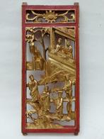 Panneau en bois - 6 personnages en paysage - Chine, c. 1900, Antiquités & Art, Enlèvement ou Envoi