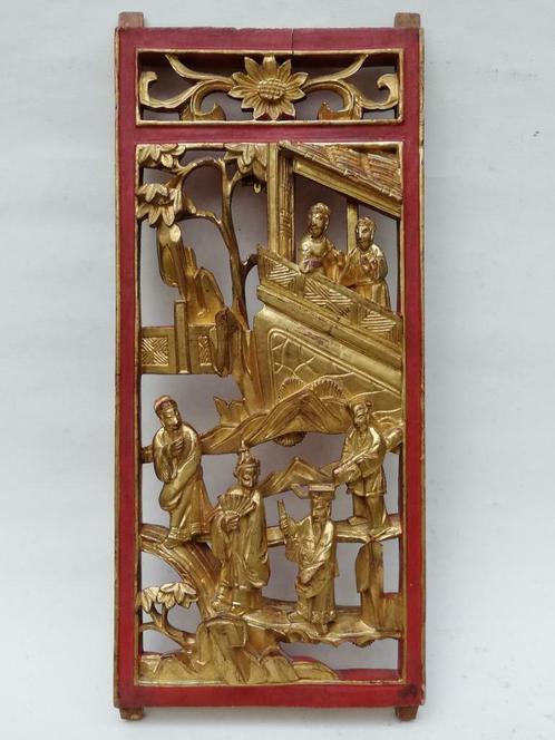 Panneau en bois - 6 personnages en paysage - Chine, c. 1900, Antiquités & Art, Curiosités & Brocante, Enlèvement ou Envoi