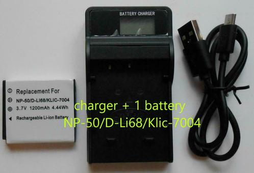 USB LCD lader + 1 batterij NP-50/D-Li68/Klic-7400 1200mAh, Audio, Tv en Foto, Opladers, Nieuw, Ophalen of Verzenden