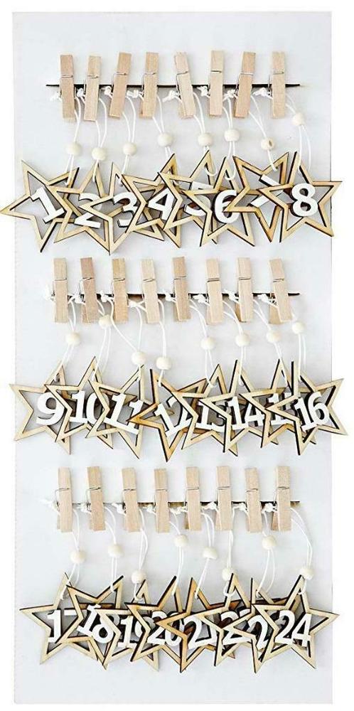 Adventskalender genummerde houten ster 1-24 met knijpers, Diversen, Kerst, Nieuw, Ophalen of Verzenden