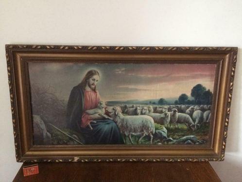 Jezus met schaapjes in roze gloed zonsondergang groot paneel, Antiek en Kunst, Antiek | Religieuze voorwerpen, Ophalen of Verzenden