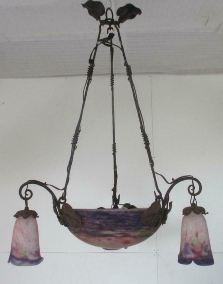 supergrote Muller freres lamp luster met smeedijzer 15, Antiek en Kunst, Antiek | Verlichting, Ophalen