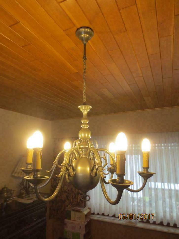 Handgemaakte tinnen luster, Huis en Inrichting, Lampen | Kroonluchters, Zo goed als nieuw, Metaal, Ophalen