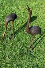 Beelden van een paar bronzen kraanvogels die waterstraal mak, Tuin en Terras, Ophalen, Zo goed als nieuw, Overige materialen, Dierenbeeld