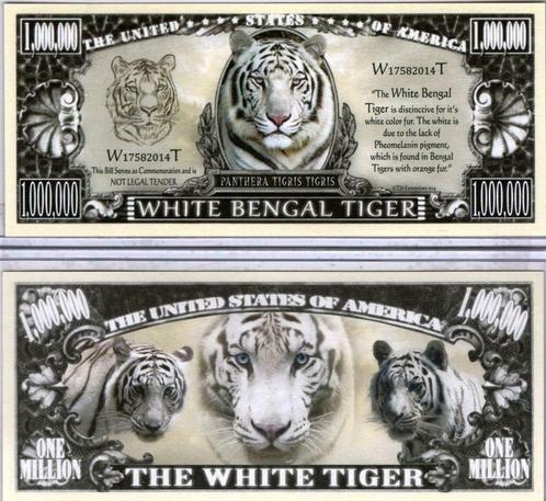 USA White Bengal Tiger 1 Million $ biljet - Panthera Species, Timbres & Monnaies, Billets de banque | Amérique, Billets en vrac