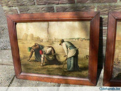 Twee oude landelijke kaders met prent, Antiek en Kunst, Curiosa en Brocante