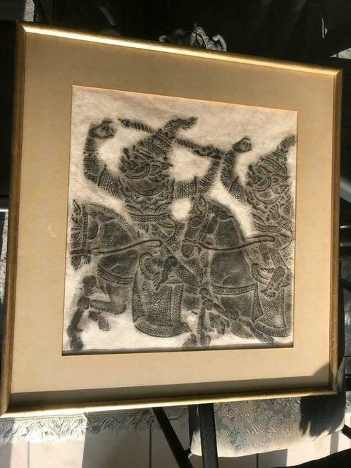 Zuidoost-Aziatische blokdruk rubbing ingekaderd - 2 ruiters, Antiquités & Art, Art | Art non-occidental, Enlèvement