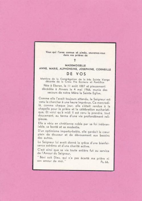DP De Vos Anne Marie Alphonse Josephine Corneille, Verzamelen, Bidprentjes en Rouwkaarten, Bidprentje, Verzenden