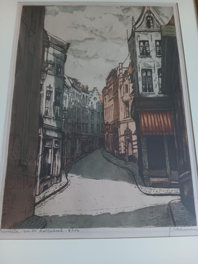 Rue de Rollebeek , brussel , gesigneerde ets Jules Leeuw, Antiek en Kunst, Ophalen of Verzenden