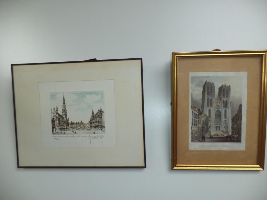 2x  gekleurde ets gravure Brussel Sint Goedele & Grote Markt, Ophalen of Verzenden