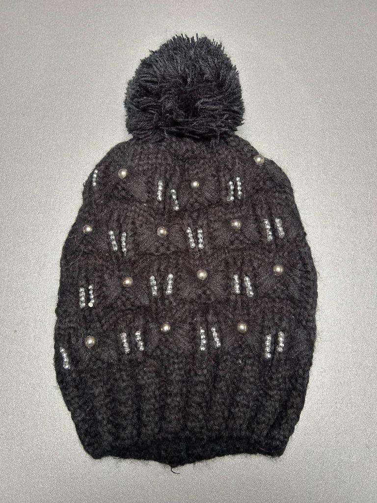 New zwarte muts met pompon en strass steentjes, Sans marque, Ophalen of Verzenden, Nieuw, Muts