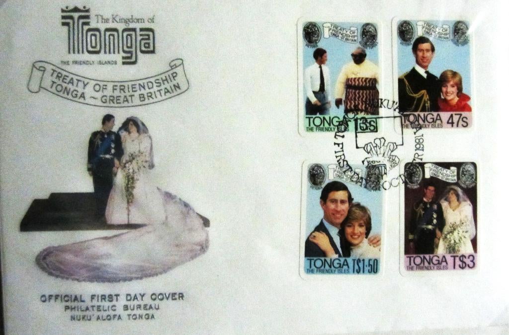 GROTE FDC- HUWELIJK PRINS CHARLES MET LADY DIANA - TONGA, Enlèvement ou Envoi, Affranchi, Dynastie