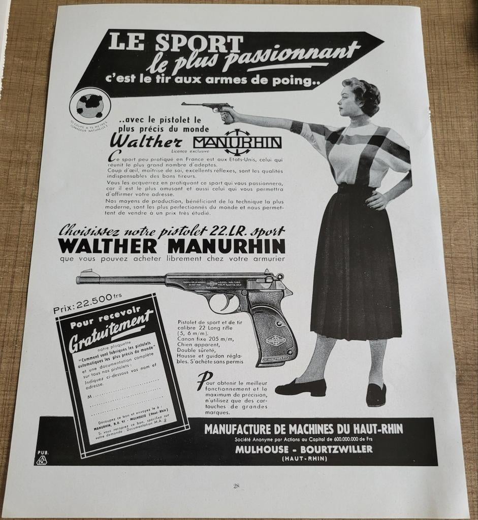 Oude reclameprent: Pistolen Walther Manurhin (1952), Ophalen of Verzenden, Gebruikt, Overige typen