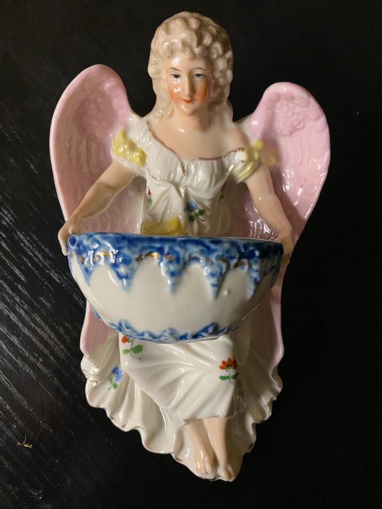 Antiek porseleinen biscuit kleurrijk wijwatervatje (ca.1900), Antiek en Kunst, Ophalen of Verzenden