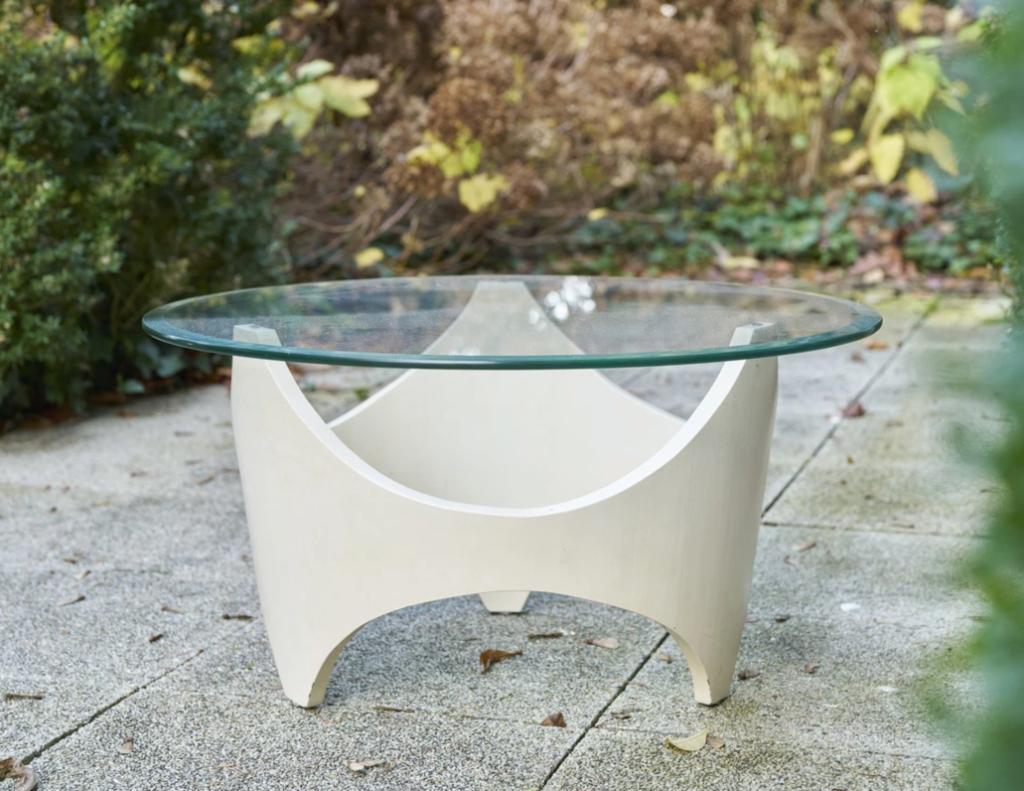 Space Age gebogen witte houten salontafel, jaren 1970, Verzamelen, Retro, Huis en Inrichting, Ophalen