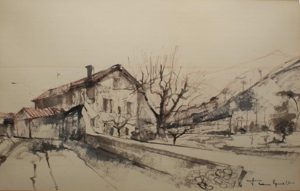 José Van Gucht (1913-1980): Aan de voet van de berg (65x47cm, Antiek en Kunst, Kunst | Schilderijen | Klassiek, Ophalen of Verzenden