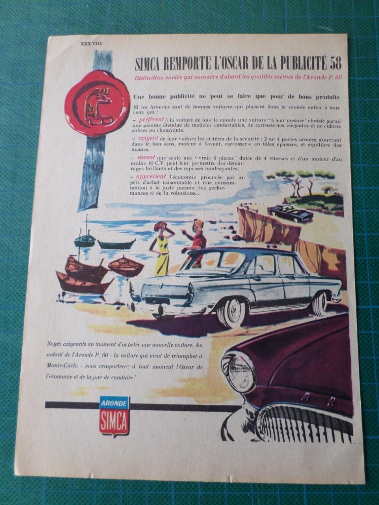 Simca Aronde - publicité papier - oscar de la pub. 58 - 1959, Enlèvement ou Envoi, Utilisé, Autres types