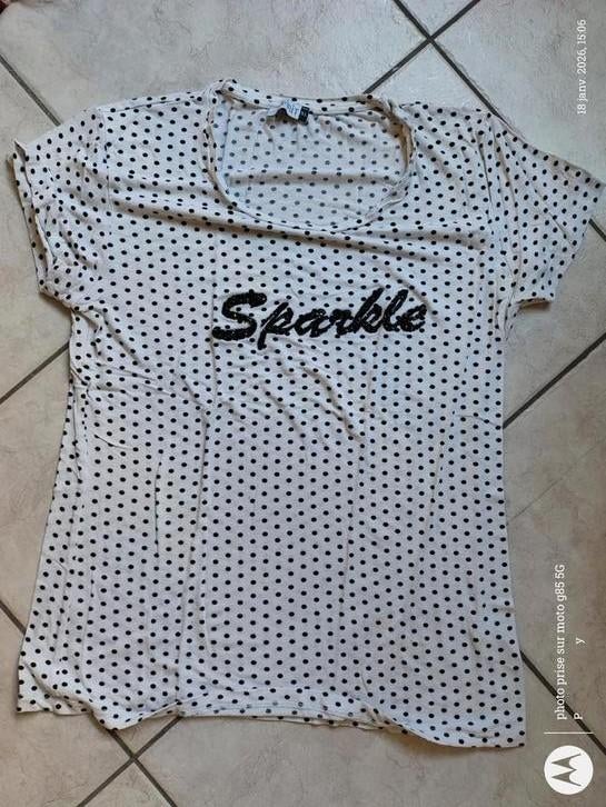 T-shirt voor dames XL witte stippen zwart true spirit - - ge, Kleding | Dames, Autre, Wit, Maat 46/48 (XL) of groter, Korte mouw