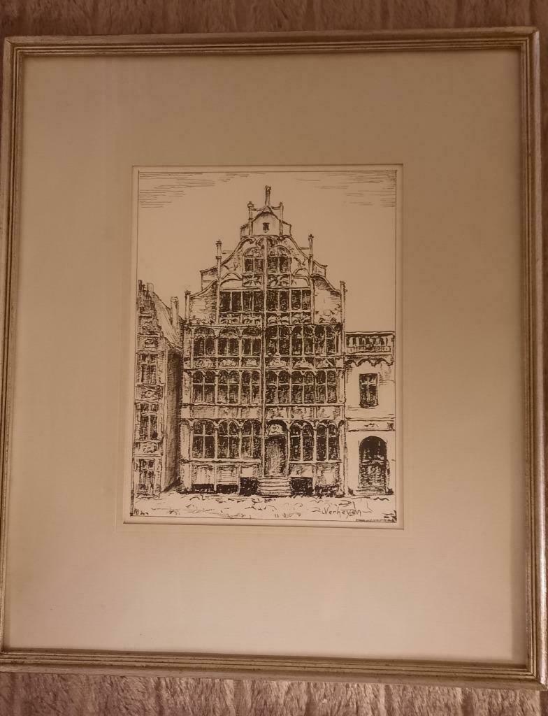 zeer mooie zilverkleurige lijst met pentekening Verheyen, Antiek en Kunst, Ophalen of Verzenden