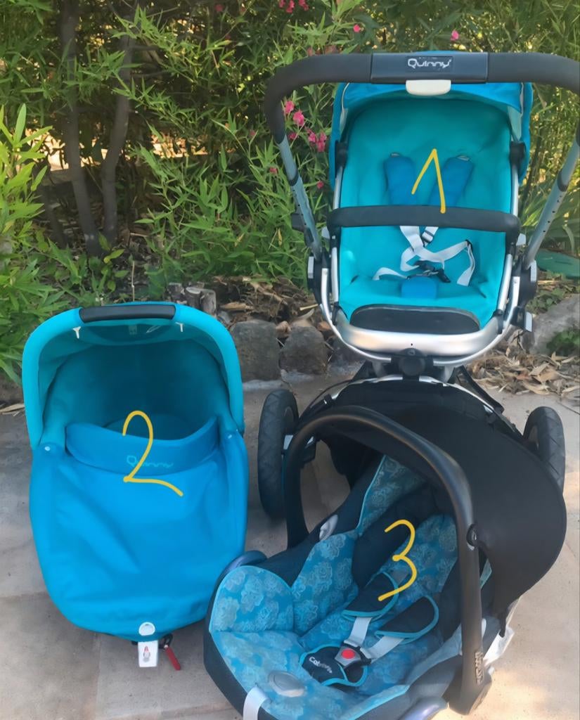 Poussette quinny buzz 3 en 1 bleue turquoise avec plastique., Poussette, Quinny