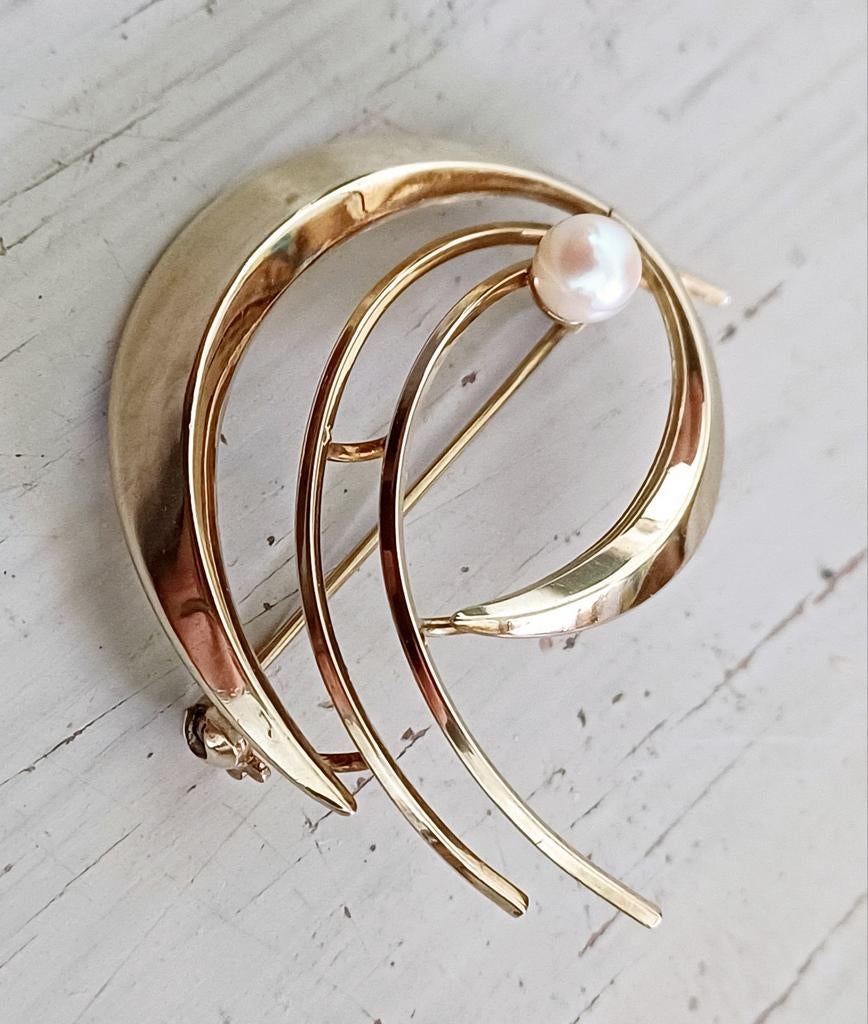 9k gouden broche met echte parel, Enlèvement ou Envoi, Or