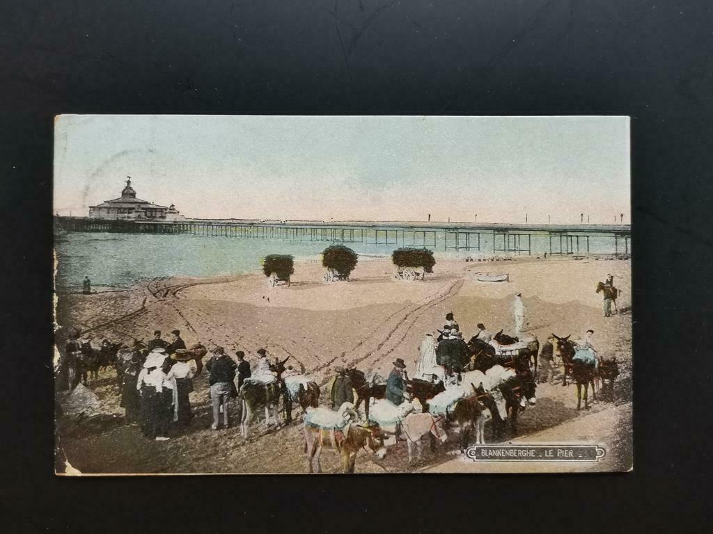 Blankenberge Pier rond 1900 strand, ezels, karren, Ophalen of Verzenden, Voor 1920, Gelopen, West-Vlaanderen