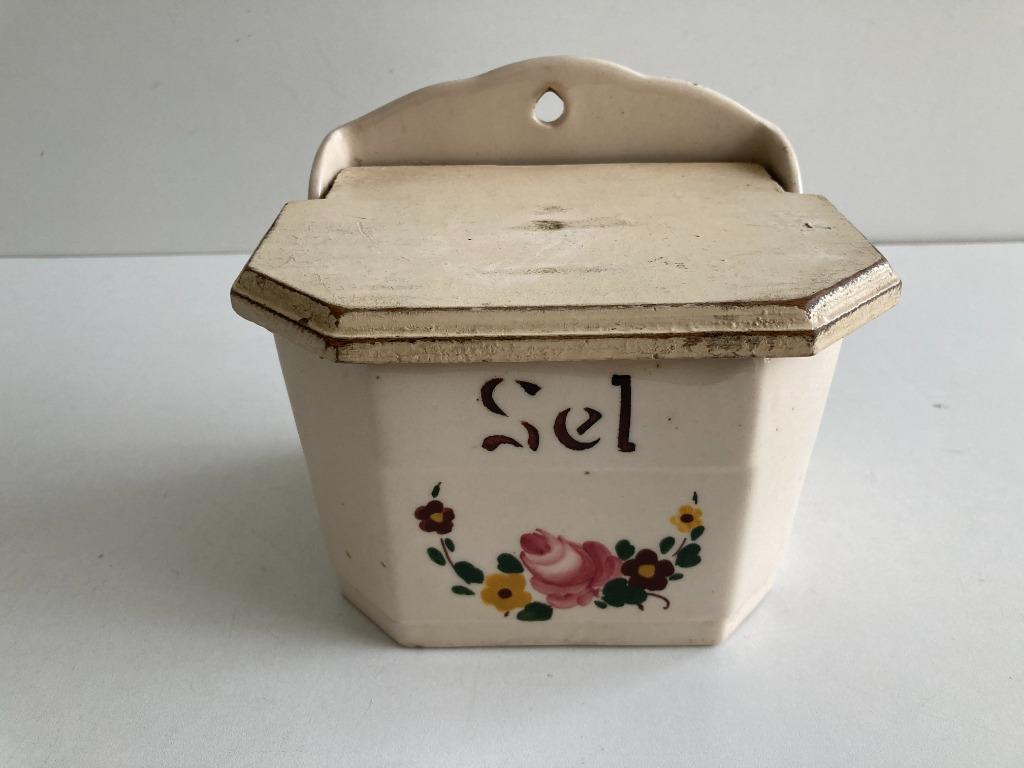 Pot à sel ancien en céramique avec couvercle en bois (Sel) B, Enlèvement ou Envoi