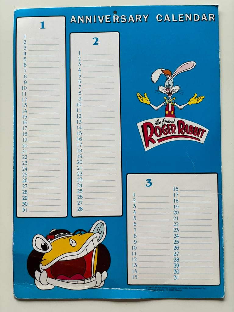 Toffe vintage verjaardagskalender Roger Rabbit -1987, Ophalen of Verzenden, Zo goed als nieuw