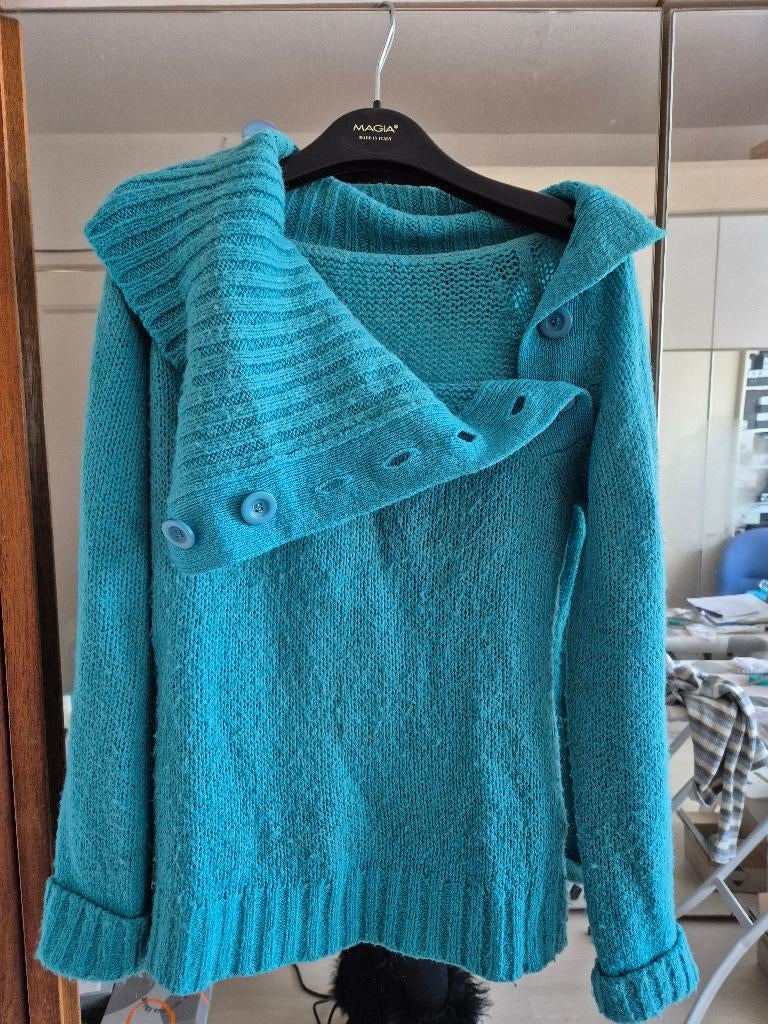 gros pull turquoise laineux large col roulé ouvrant bouton M, Maat 38/40 (M), Blauw, Ophalen of Verzenden, No marque