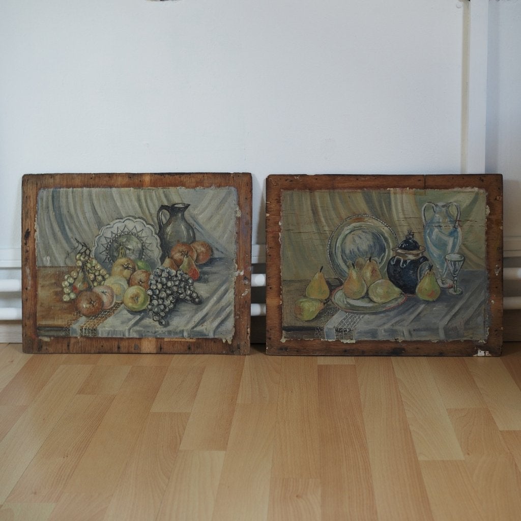 Diptyque de natures mortes sur panneaux bois  2  40  31 cm, Enlèvement, Signé, Nature morte, Panneau