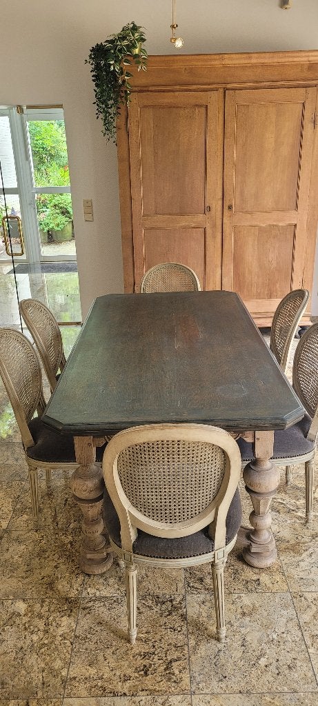 Gezandstraalde Massief eiken tafel met fineer blad., Ophalen, 50 tot 100 cm, Retro/antiek, Rechthoekig