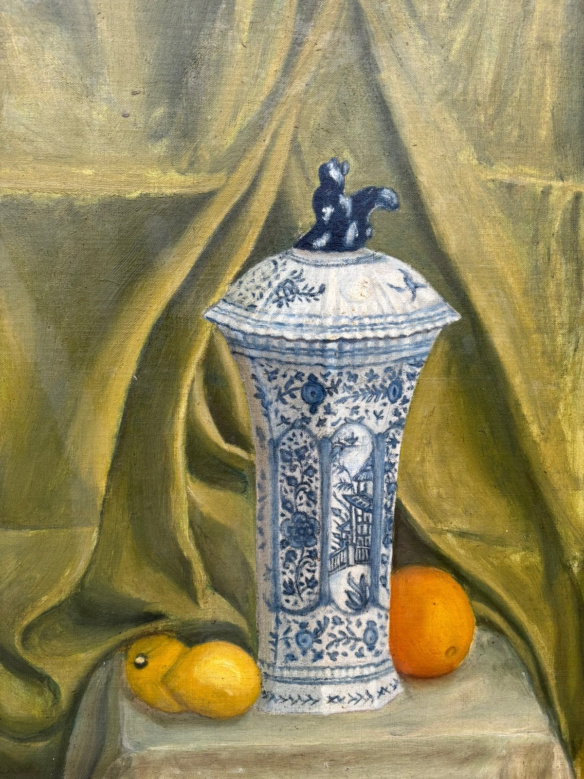 Prachtig stilleven met Delftse vaas en fruit, Ophalen of Verzenden, Origineel werk, Olieverf, Stilleven