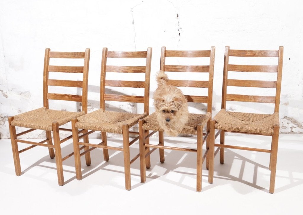 4 Scandinavische grenen stoelen zeegras zitting jaren 60, Enlèvement