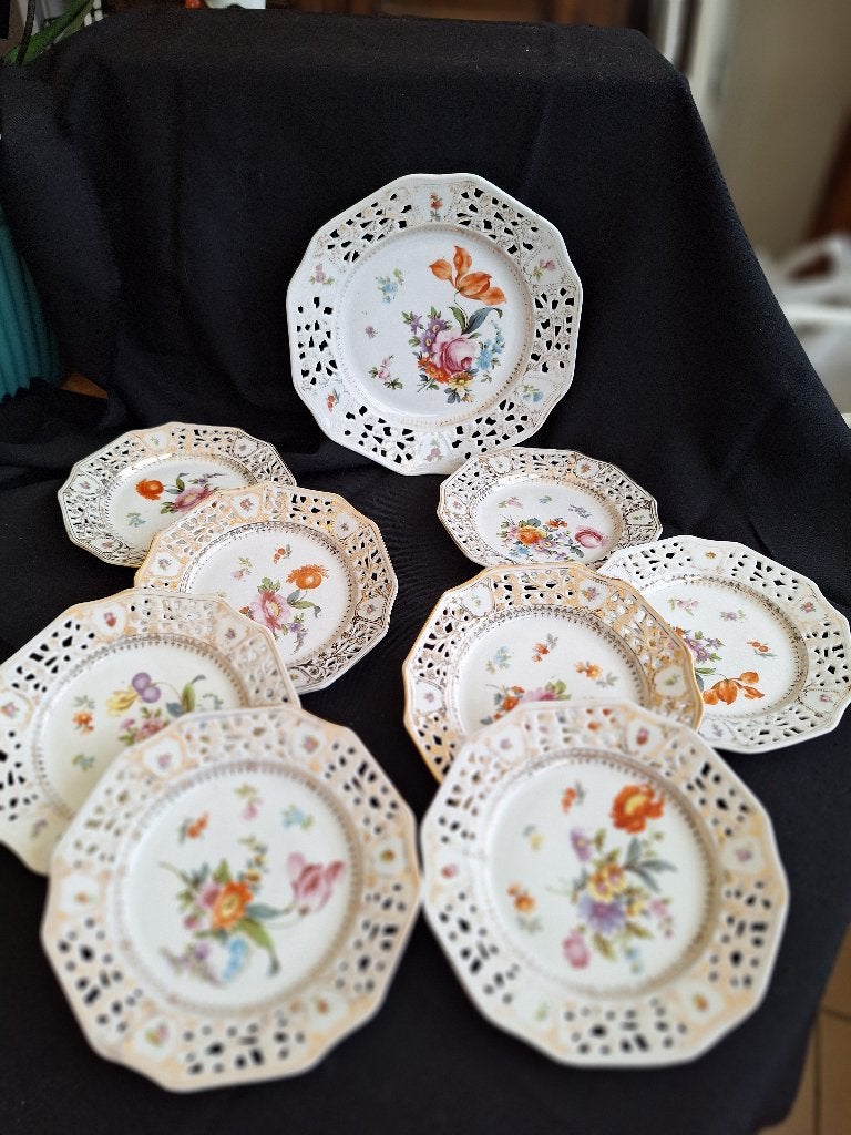 ANCIEN SERVICE DESSERT FINE PORCELAINE AJOUREE, Enlèvement ou Envoi