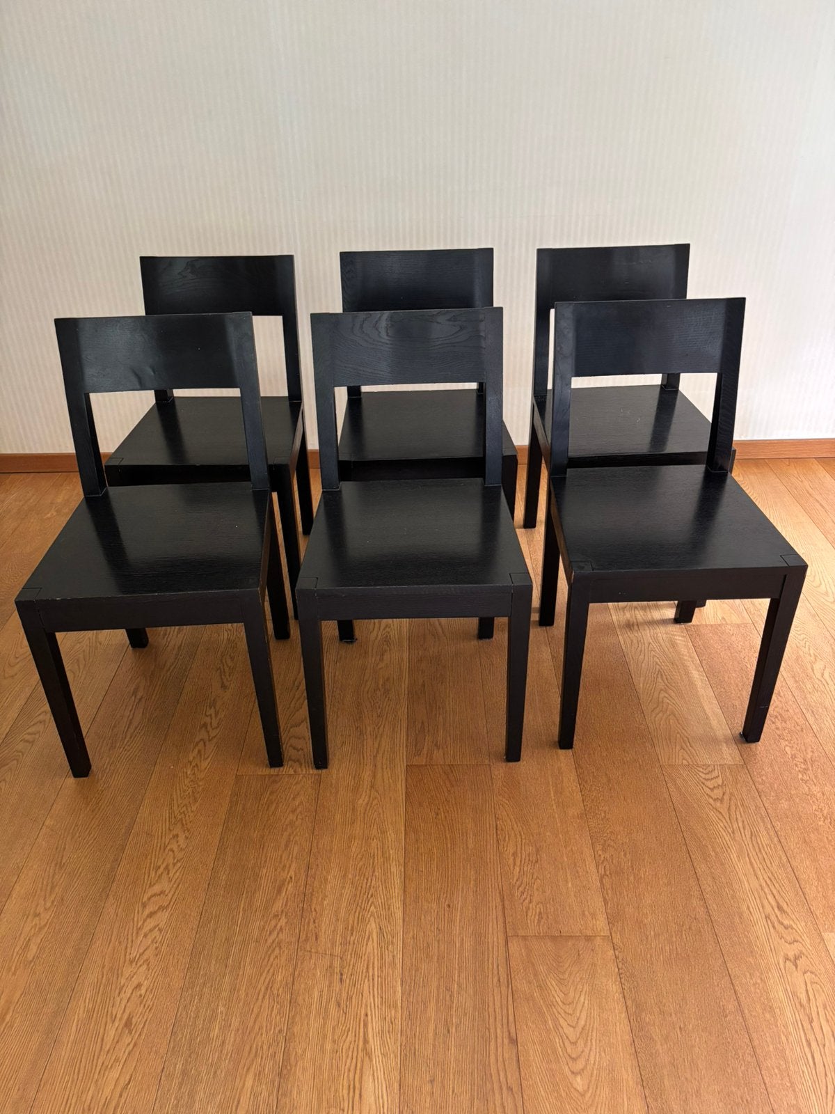 Set van 6 zwart gebeitste houten stoelen, Huis en Inrichting, Stoelen, Ophalen, Zo goed als nieuw, Zwart, Hout